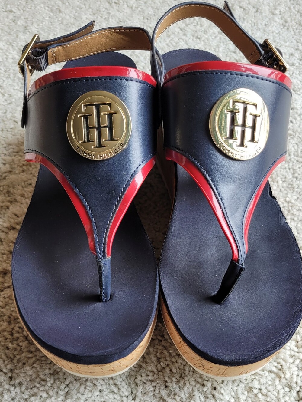 Navy, Red, Cork Type Low Wedge & Shiney Logo Tommy Hilfiger  7    VERY NICE